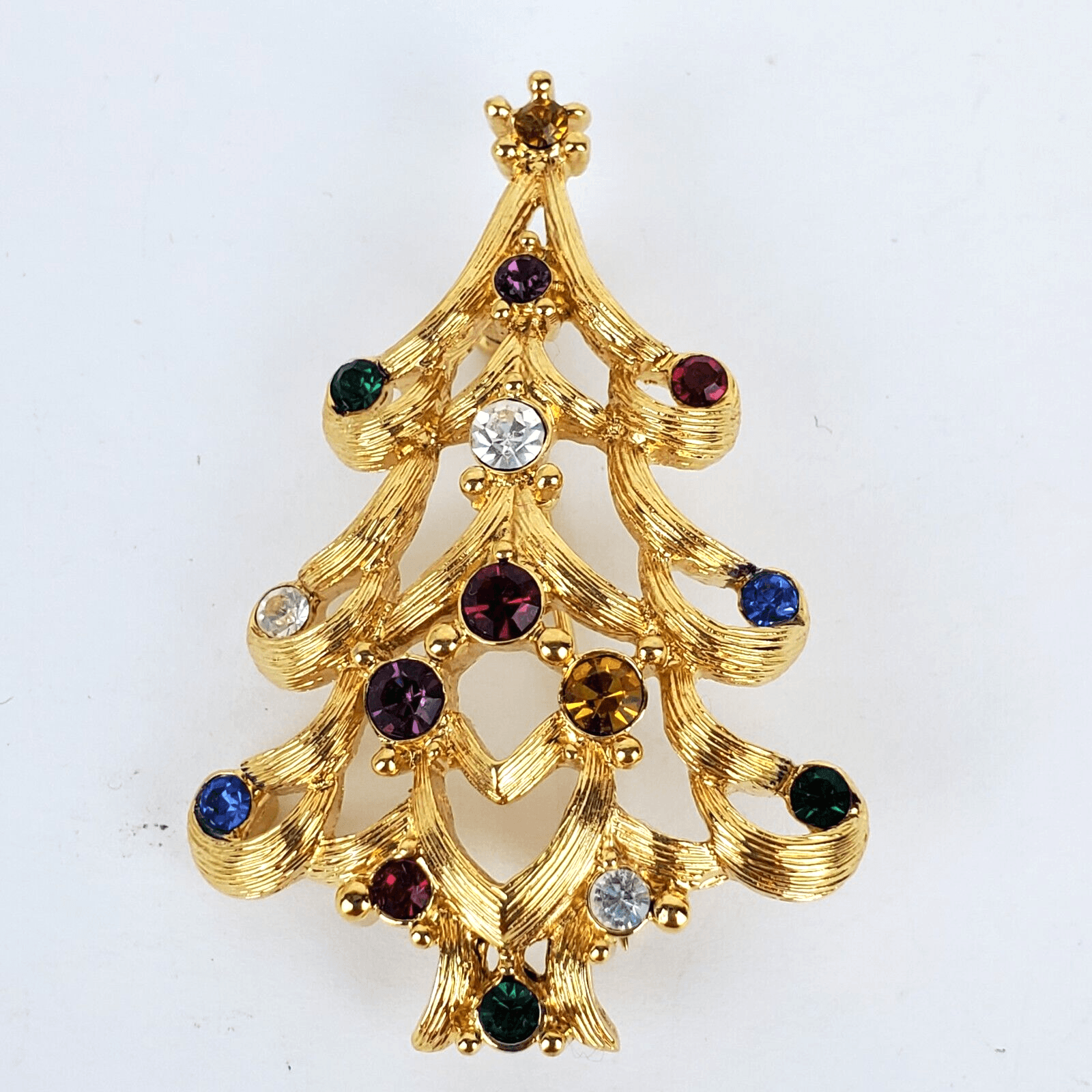 Vtg Monet Gold Tone Open Metal Multicolor Rhinestones Christmas Tree Brooch Pin