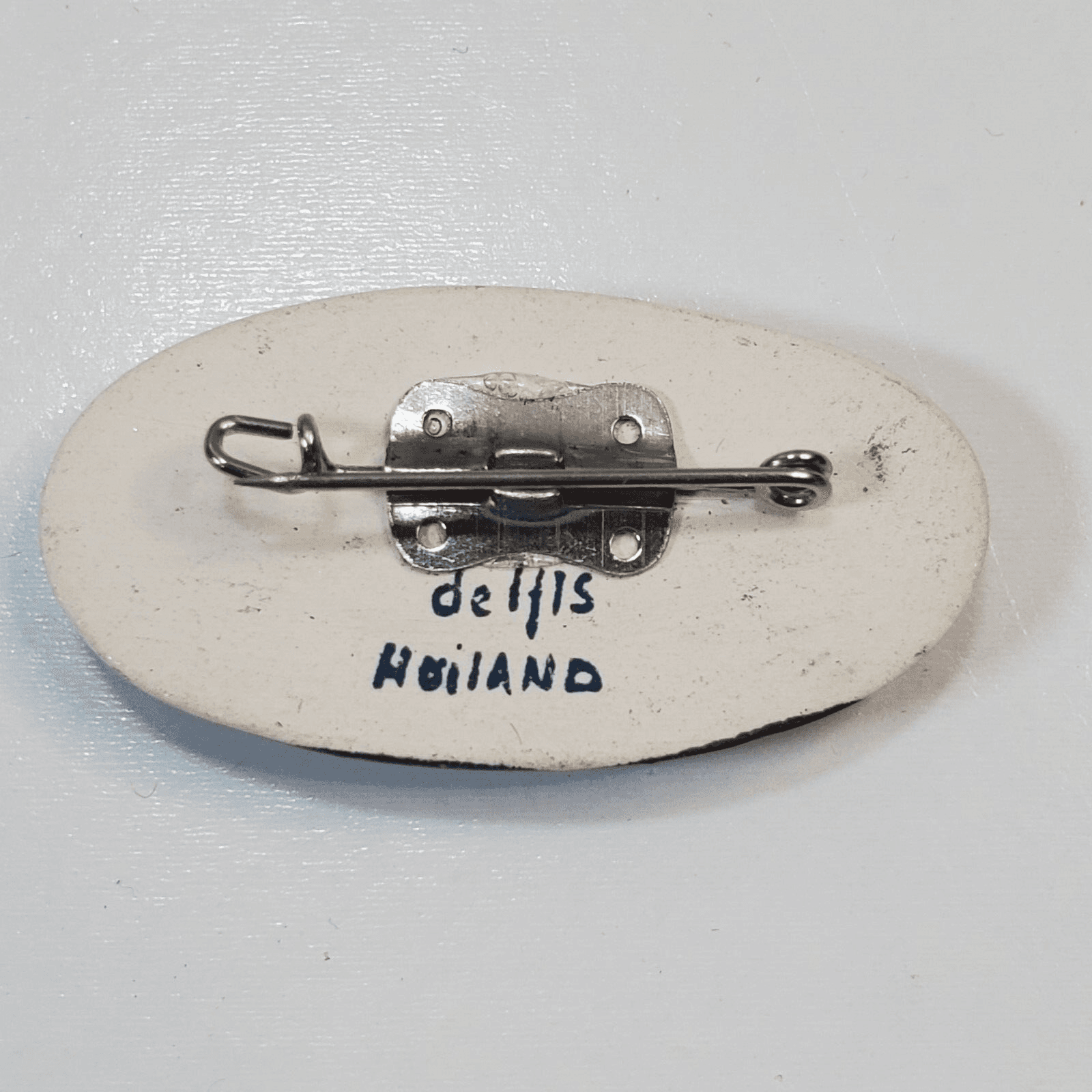 Vintage Blue Delft Holland Pottery Porcelain Oval Windmill Pin Brooch - Thumbnail 2