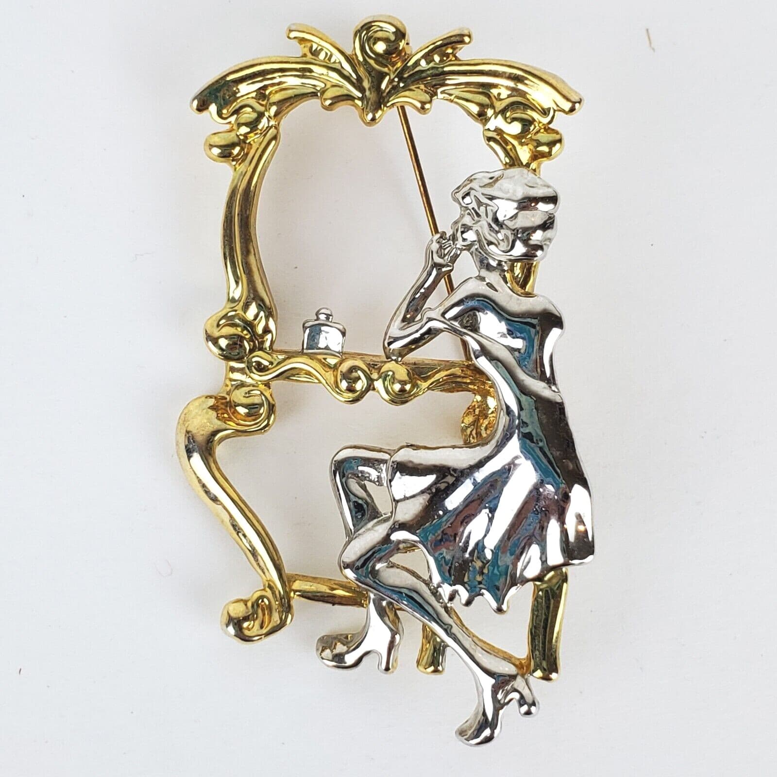 Vintage Art Deco Silver Gold Metal Woman Sitting at Vanity Mirror Brooch Pin