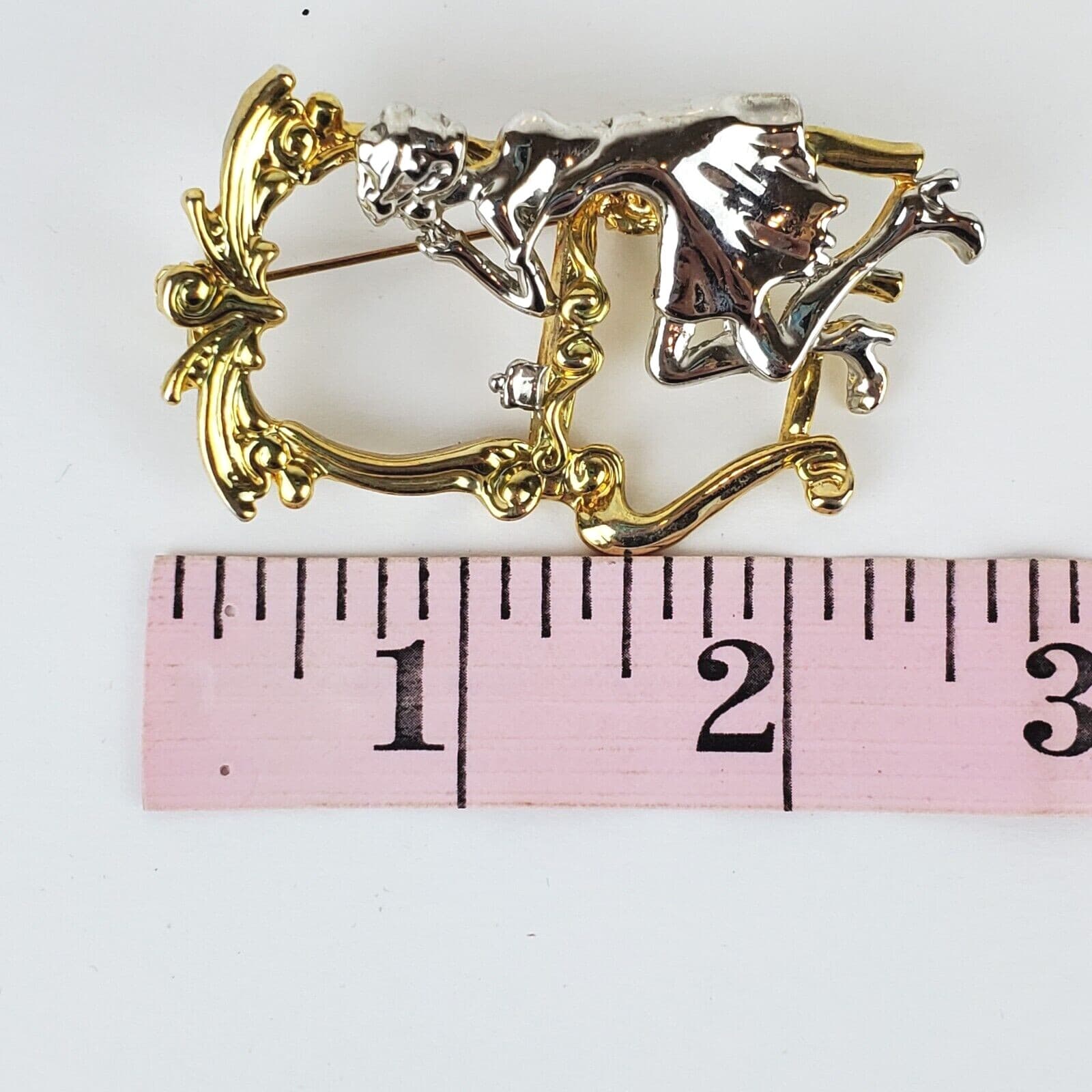 Vintage Art Deco Silver Gold Metal Woman Sitting at Vanity Mirror Brooch Pin - Thumbnail 4