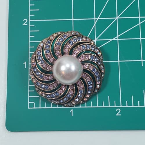 Vintage Copper Tone Metal Multi-Colored Rhinestones Faux Pearl Flower Brooch Pin - Thumbnail 3