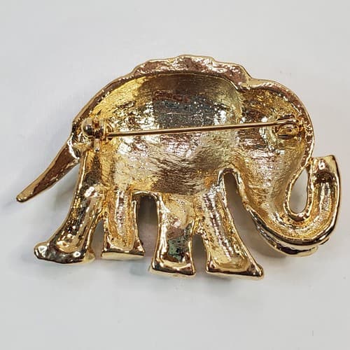 Figural Gold Tone Metal & Rhinestone Encrusted Trunk-up Elephant Brooch Pin - Thumbnail 2