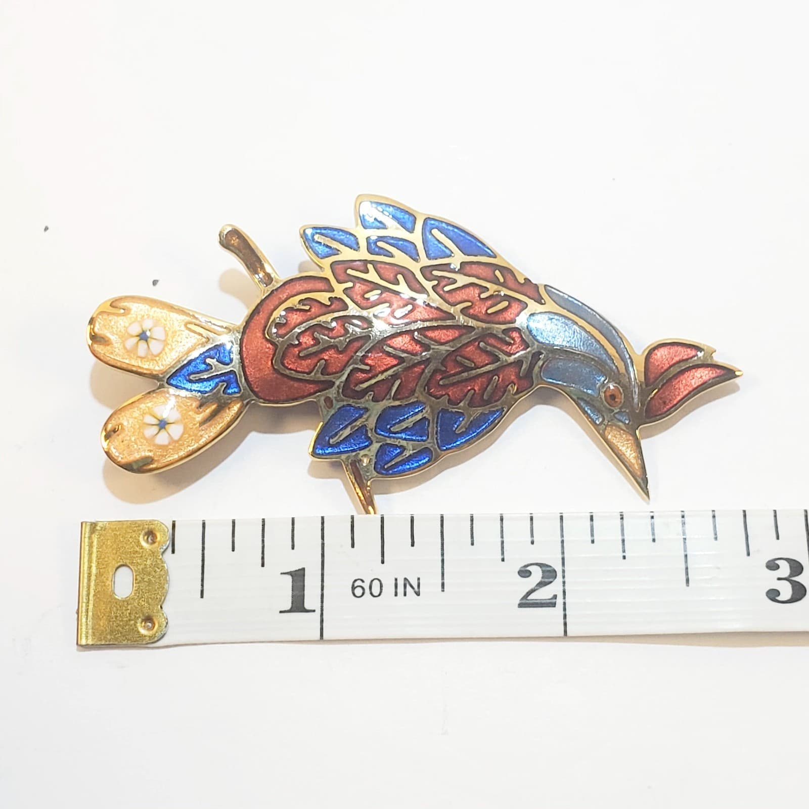 Vintage Artist Signed Cloisonne Red Blue Enamel Bird Quail Brooch Pin - Thumbnail 4