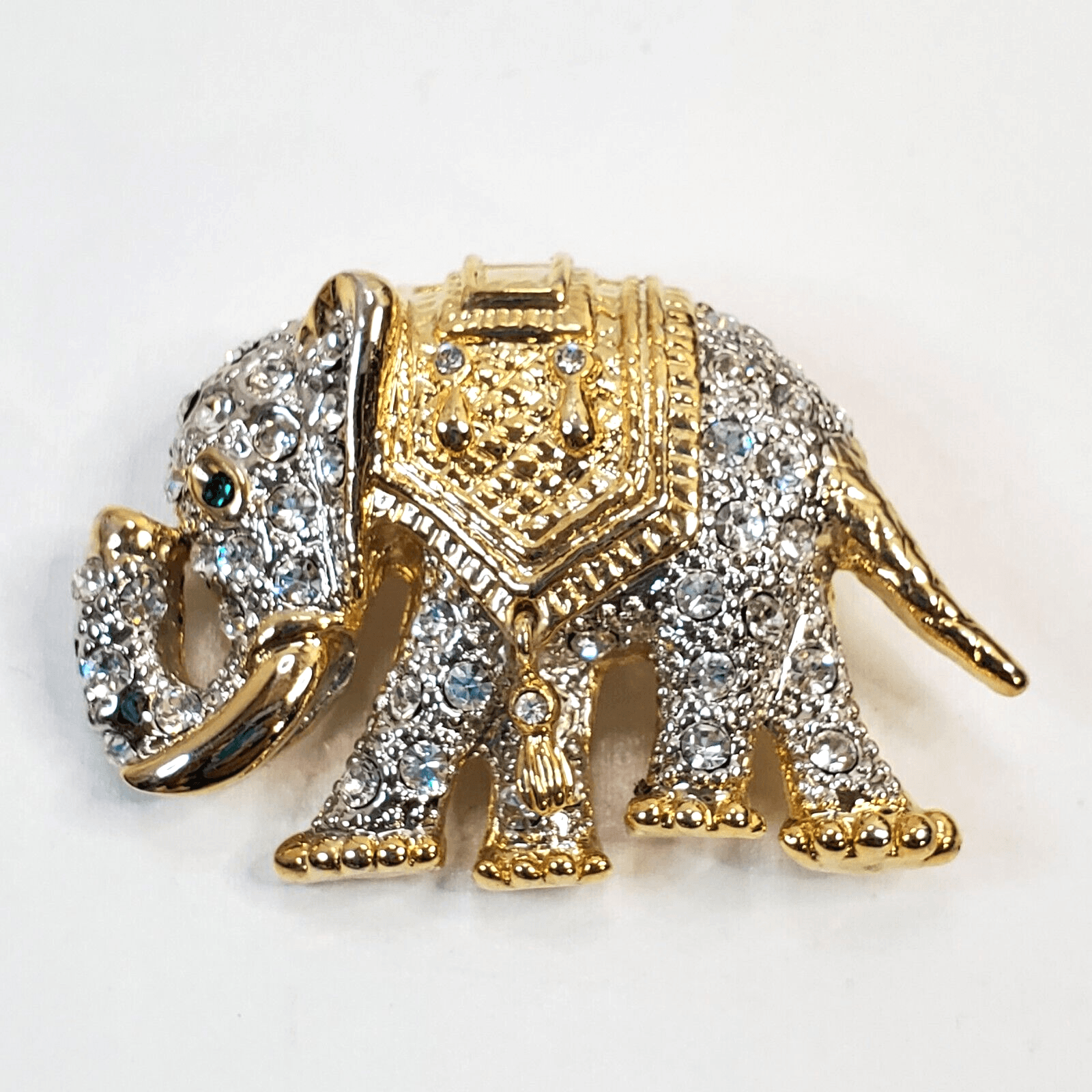 Figural Gold Tone Metal & Rhinestone Encrusted Trunk-up Elephant Brooch Pin