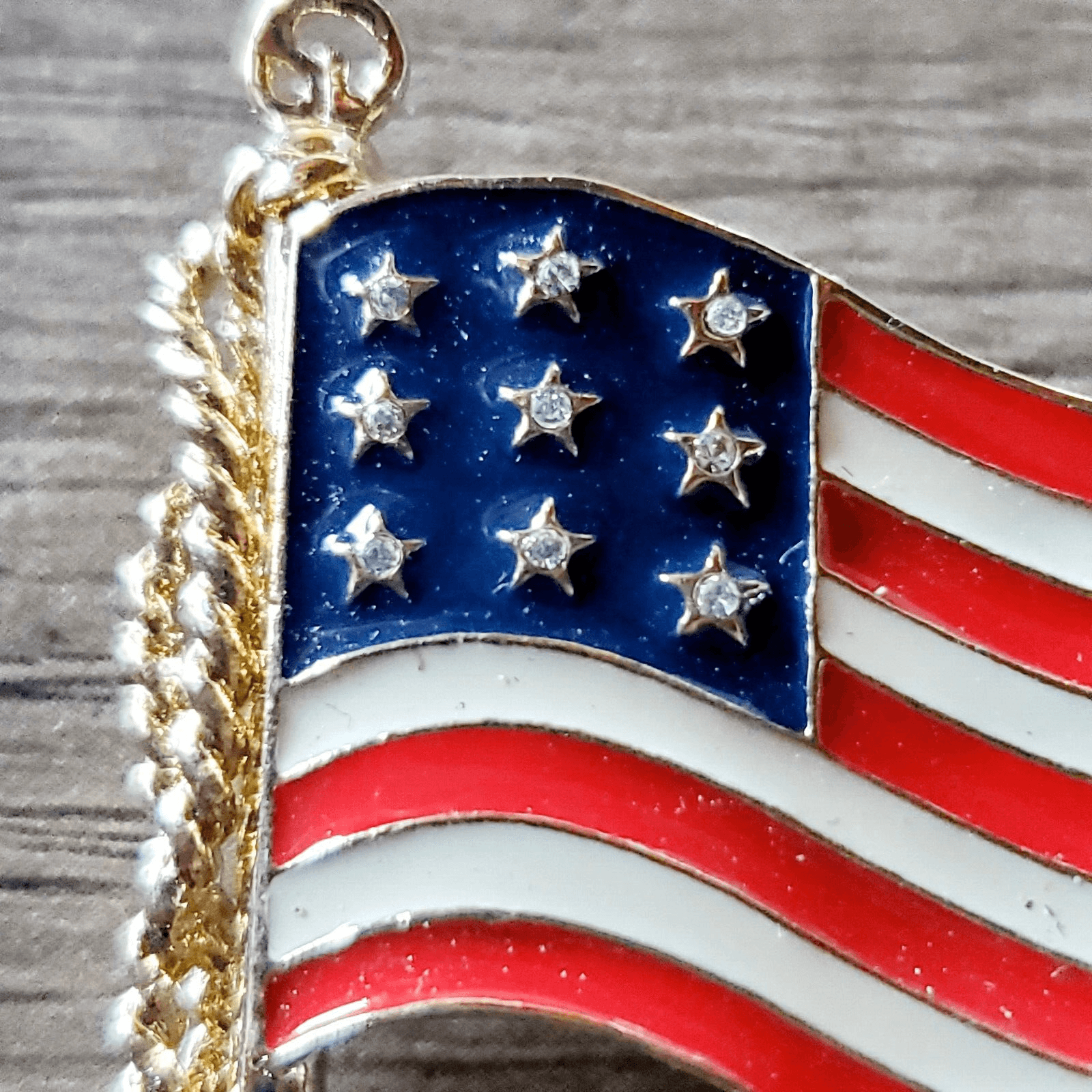 Vtg ST JOHN USA Gold Tone Enamel Crystal American Flag Patriotic Brooch Pin - Thumbnail 2