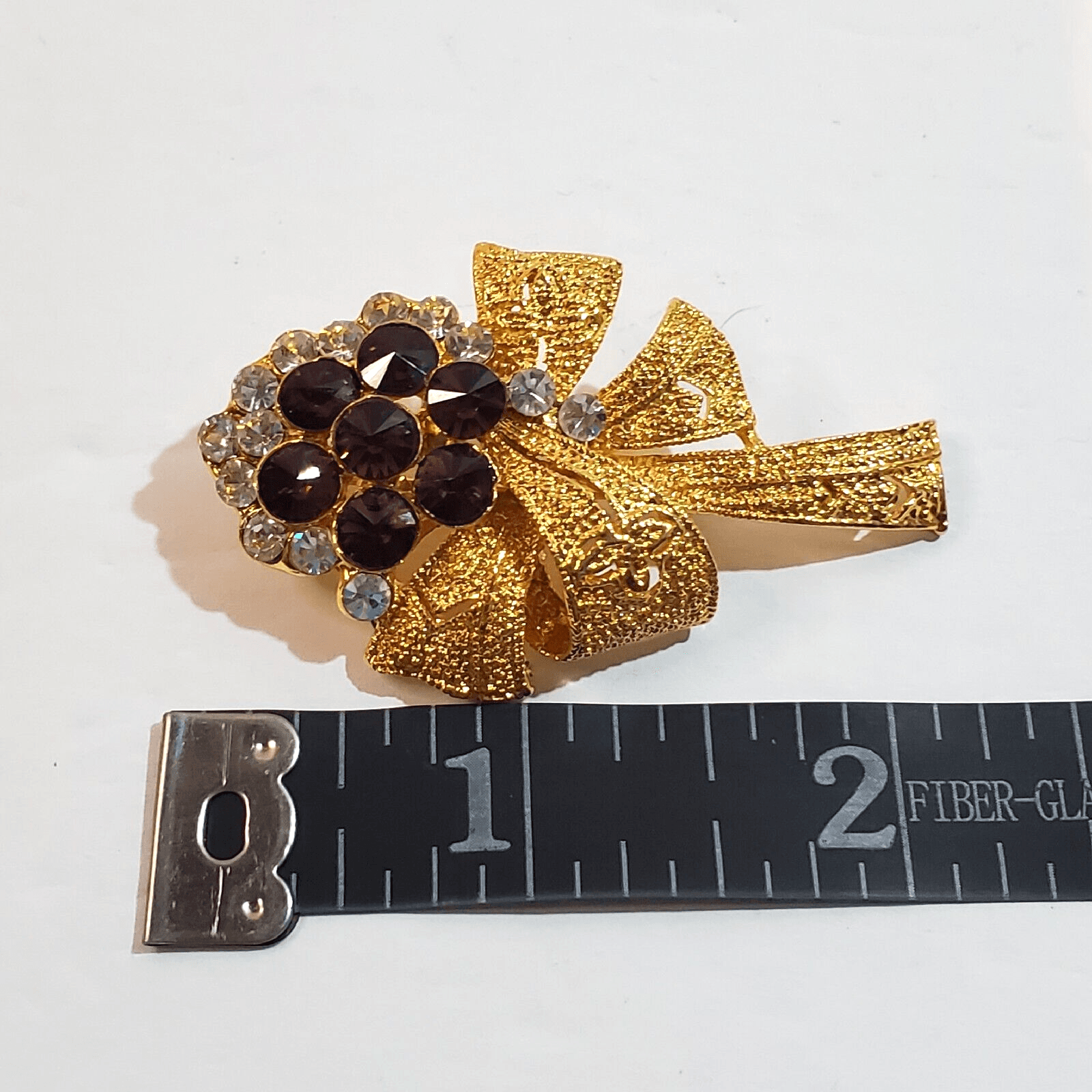 Gold Tone Metal Ribbon Purple Clear Rhinestones Floral Bouquet Brooch Pin - Thumbnail 3