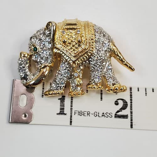 Figural Gold Tone Metal & Rhinestone Encrusted Trunk-up Elephant Brooch Pin - Thumbnail 3