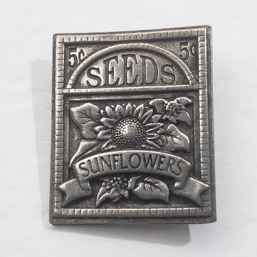 Vintage 2003 Birds and Blooms Pewter Sunflower Seeds Package Brooch Pin