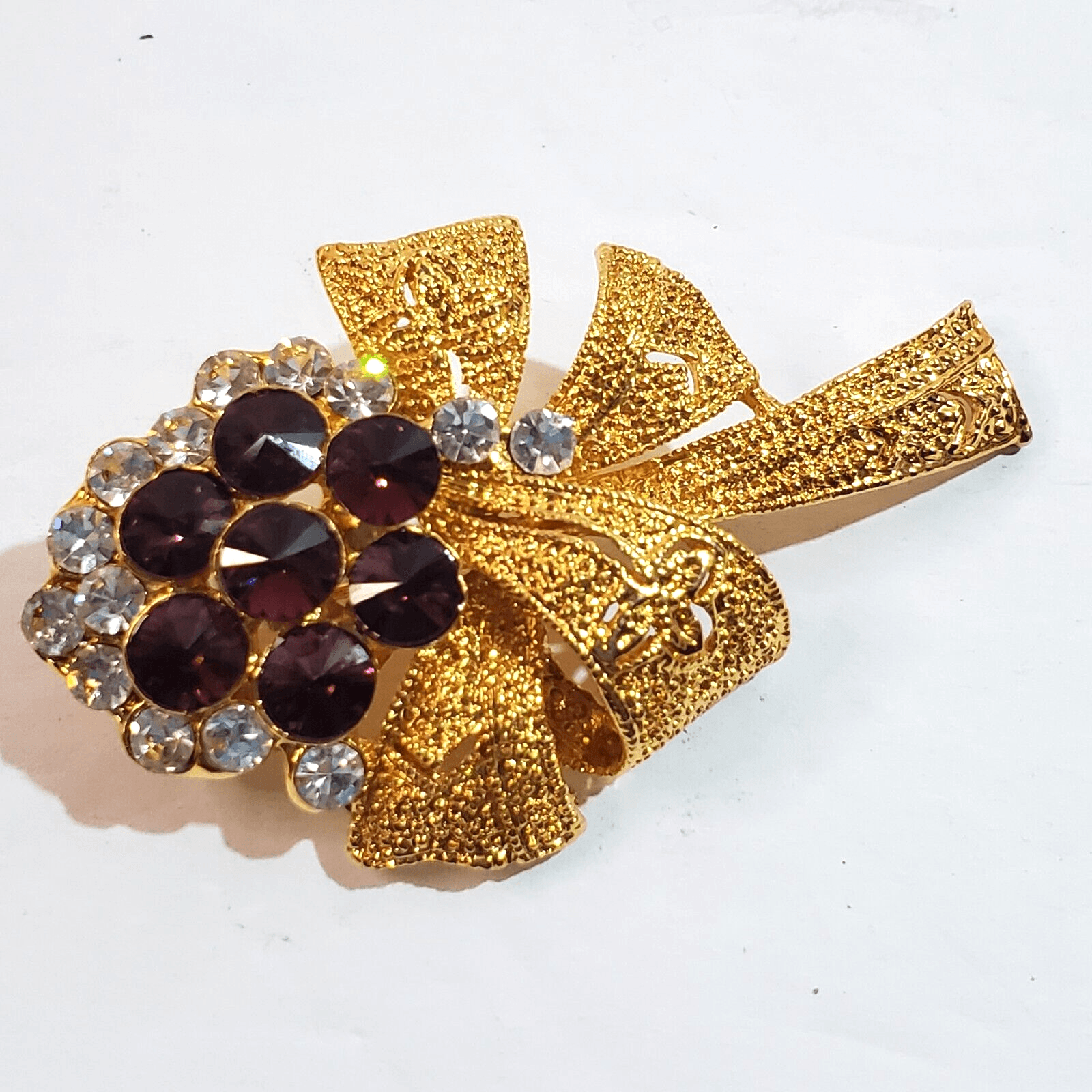 Gold Tone Metal Ribbon Purple Clear Rhinestones Floral Bouquet Brooch Pin