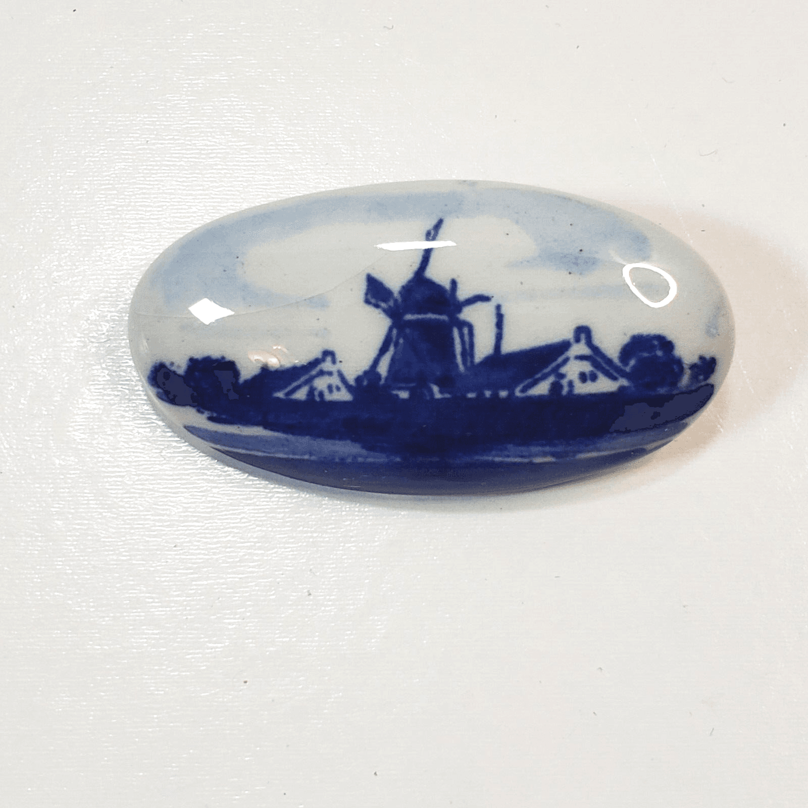 Vintage Blue Delft Holland Pottery Porcelain Oval Windmill Pin Brooch