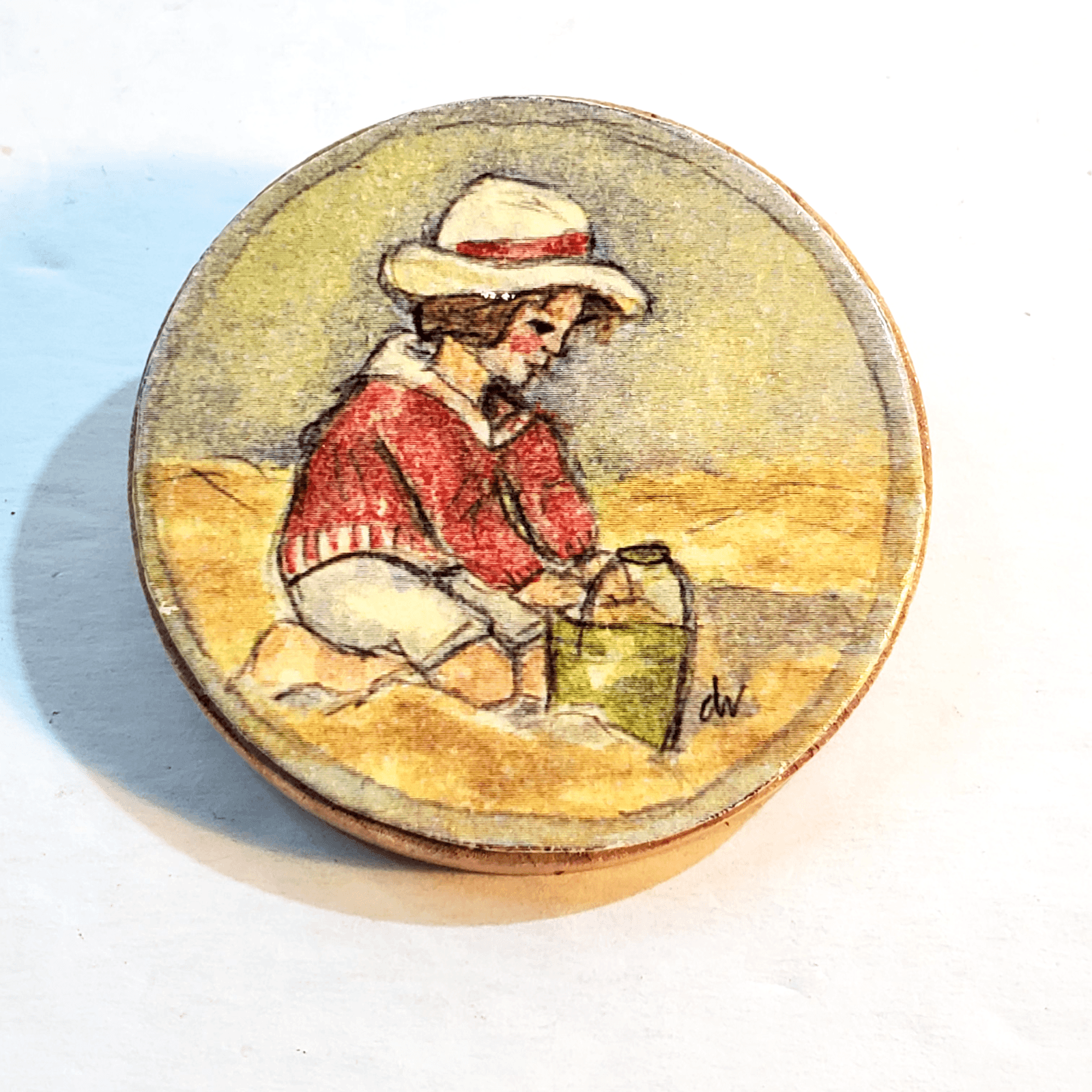 Vtg Wood Signed DW Hand Painted Round Brooch Pin Girl With Pail In Sand Artist