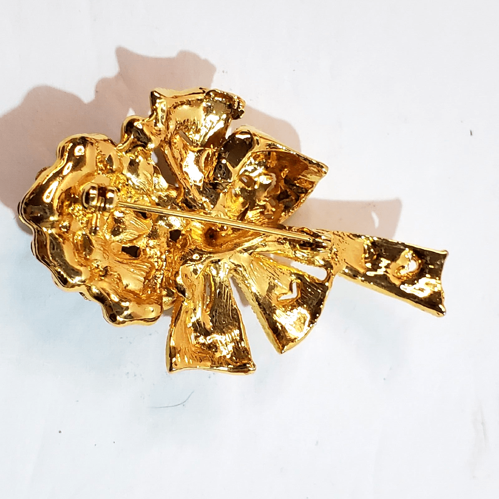 Gold Tone Metal Ribbon Purple Clear Rhinestones Floral Bouquet Brooch Pin - Thumbnail 2