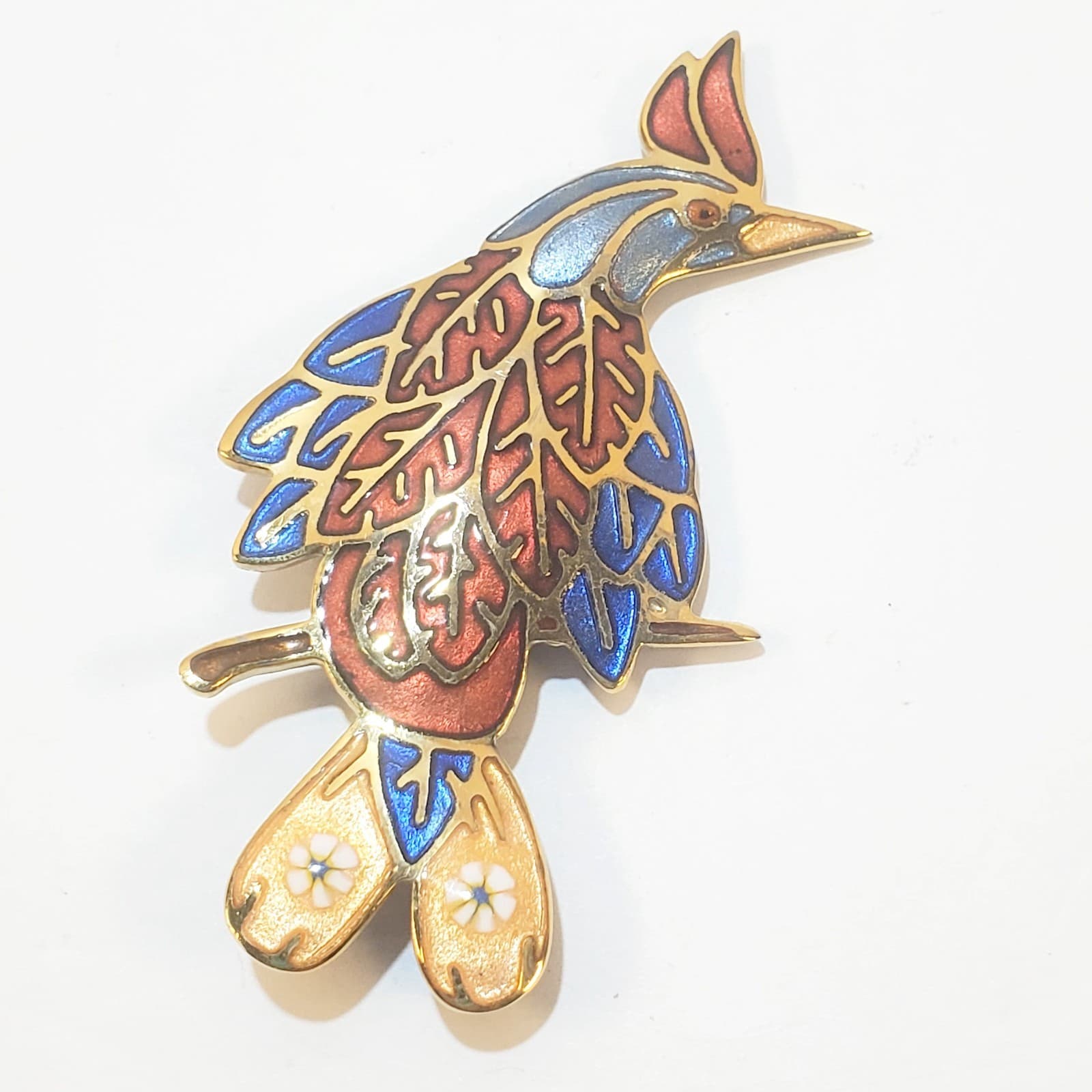 Vintage Artist Signed Cloisonne Red Blue Enamel Bird Quail Brooch Pin
