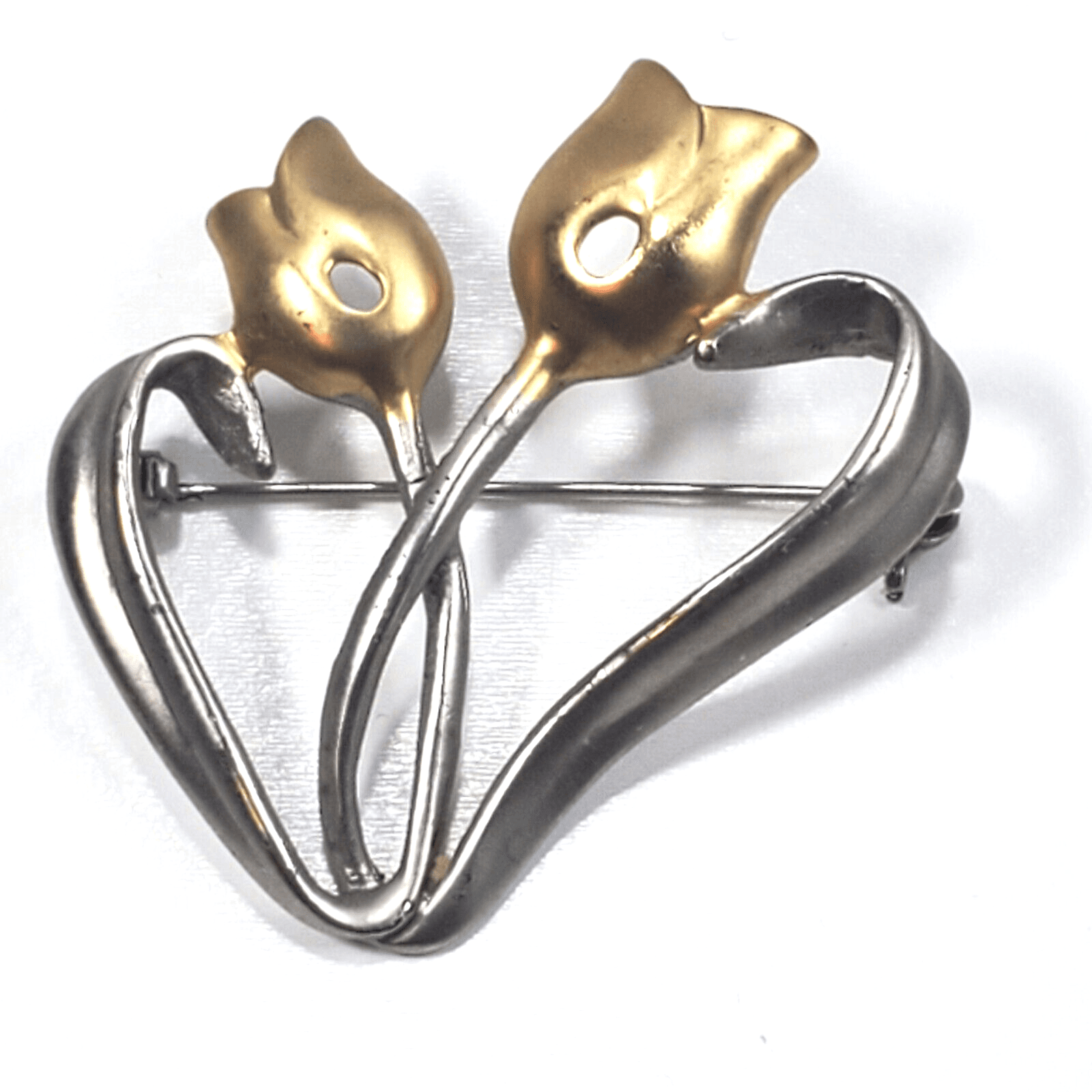 Matte Silver Tone & Gold Tone Metal Tulip Flower Brooch Pin Spring Floral