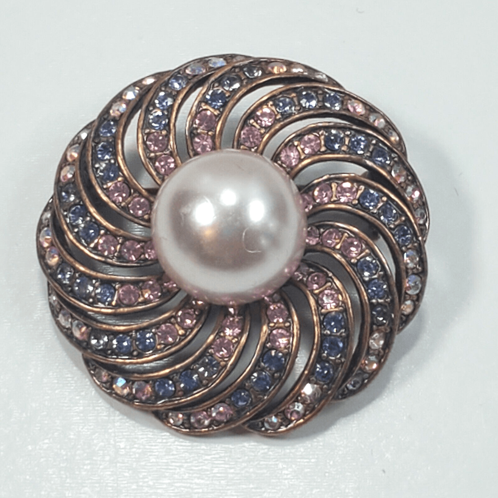 Vintage Copper Tone Metal Multi-Colored Rhinestones Faux Pearl Flower Brooch Pin