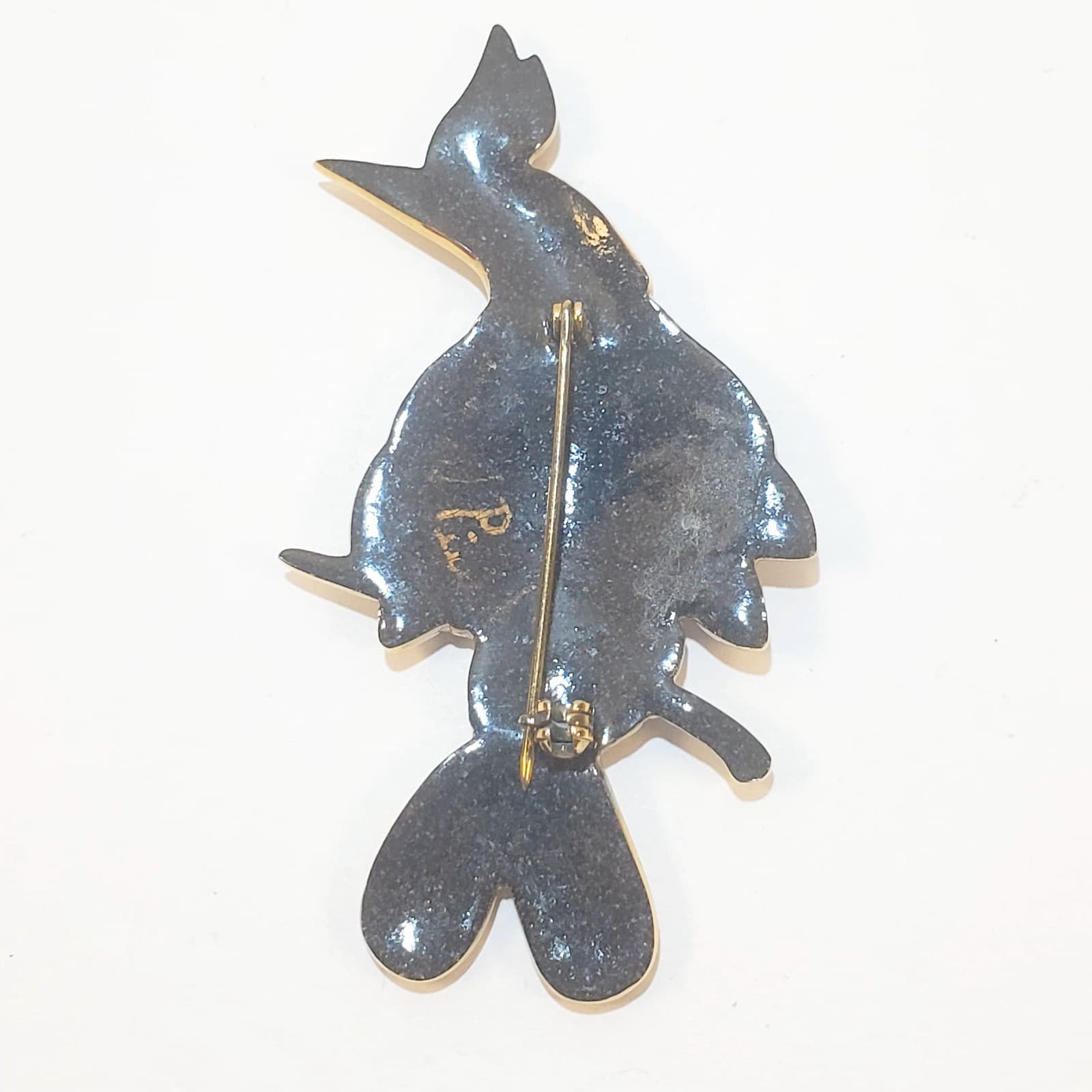Vintage Artist Signed Cloisonne Red Blue Enamel Bird Quail Brooch Pin - Thumbnail 2