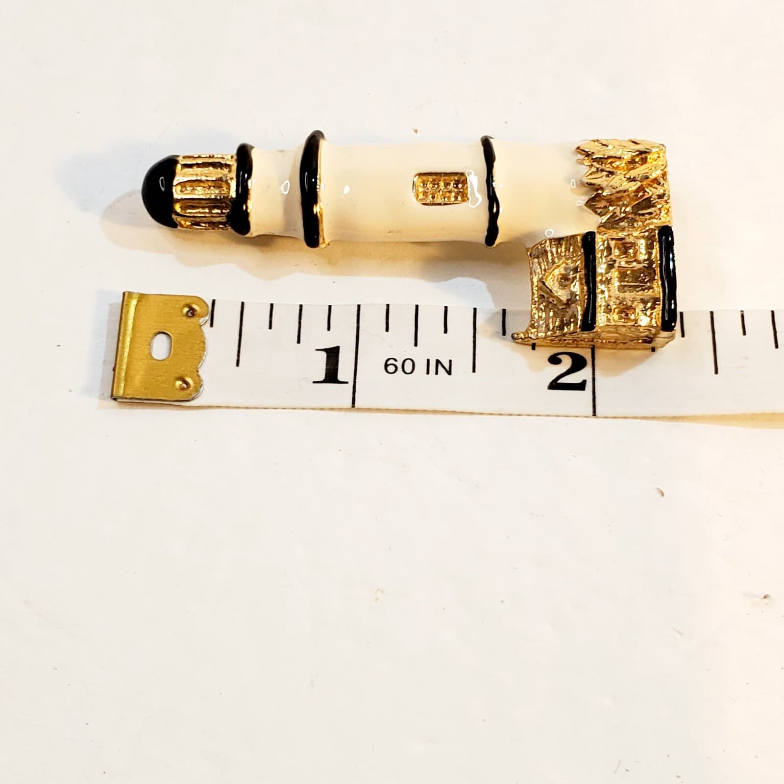 Vintage Gold Tone Cream Black Enamel Lighthouse Brooch Pin Costal Nautical - Thumbnail 3