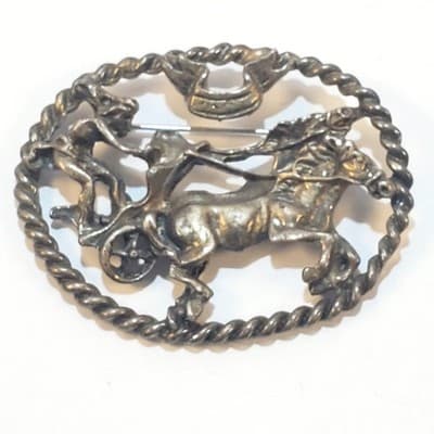 Vintage Pewter Tone Metal Ben Hur Horse and Chariot Brooch Pin or Pendant - Thumbnail 3