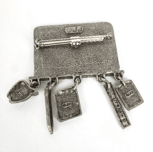 Vintage JJ Jonette Signed Pewter Tone Math Teachers Chalkboard Charms Brooch Pin - Thumbnail 2