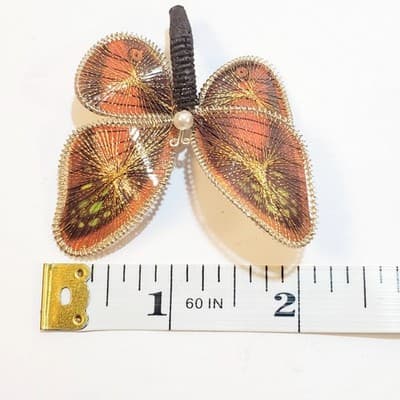 Vintage Wire Wrapped Butterfly Brooch Pin Gold & Multi-Color Thread Hand Crafted - Thumbnail 3
