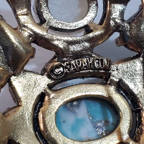 Vtg Sarah Coventry Gold Tone Faux Turquoise Pearl Cabochons Brooch Pin Pendant - Thumbnail 3