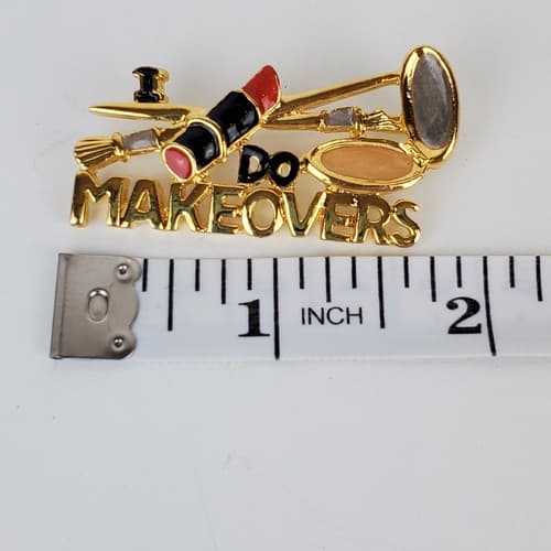 Gold Tone Metal Black Red Enamel I DO MAKEOVERS Cosmetology Brooch Pin - Thumbnail 4