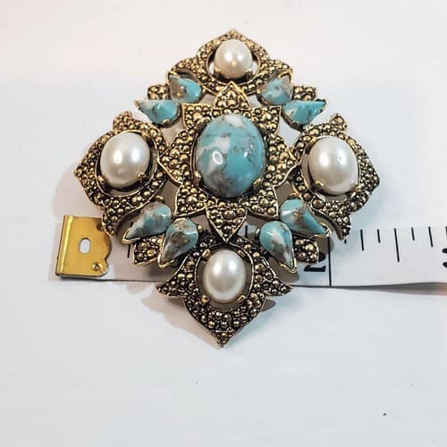 Vtg Sarah Coventry Gold Tone Faux Turquoise Pearl Cabochons Brooch Pin Pendant - Thumbnail 5