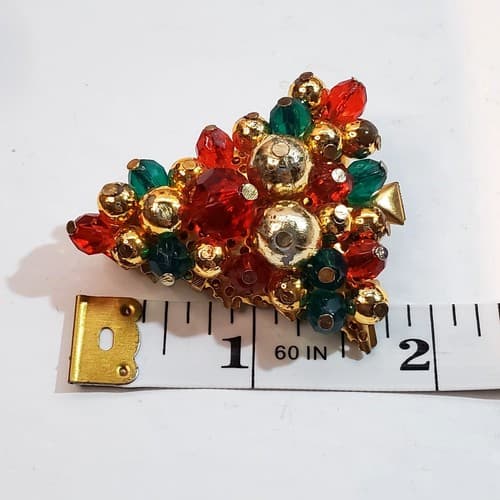 Vintage MCM Gold Tone Metal Red Gold Green Beaded Christmas Tree Brooch Pin - Thumbnail 3