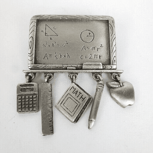 Vintage JJ Jonette Signed Pewter Tone Math Teachers Chalkboard Charms Brooch Pin