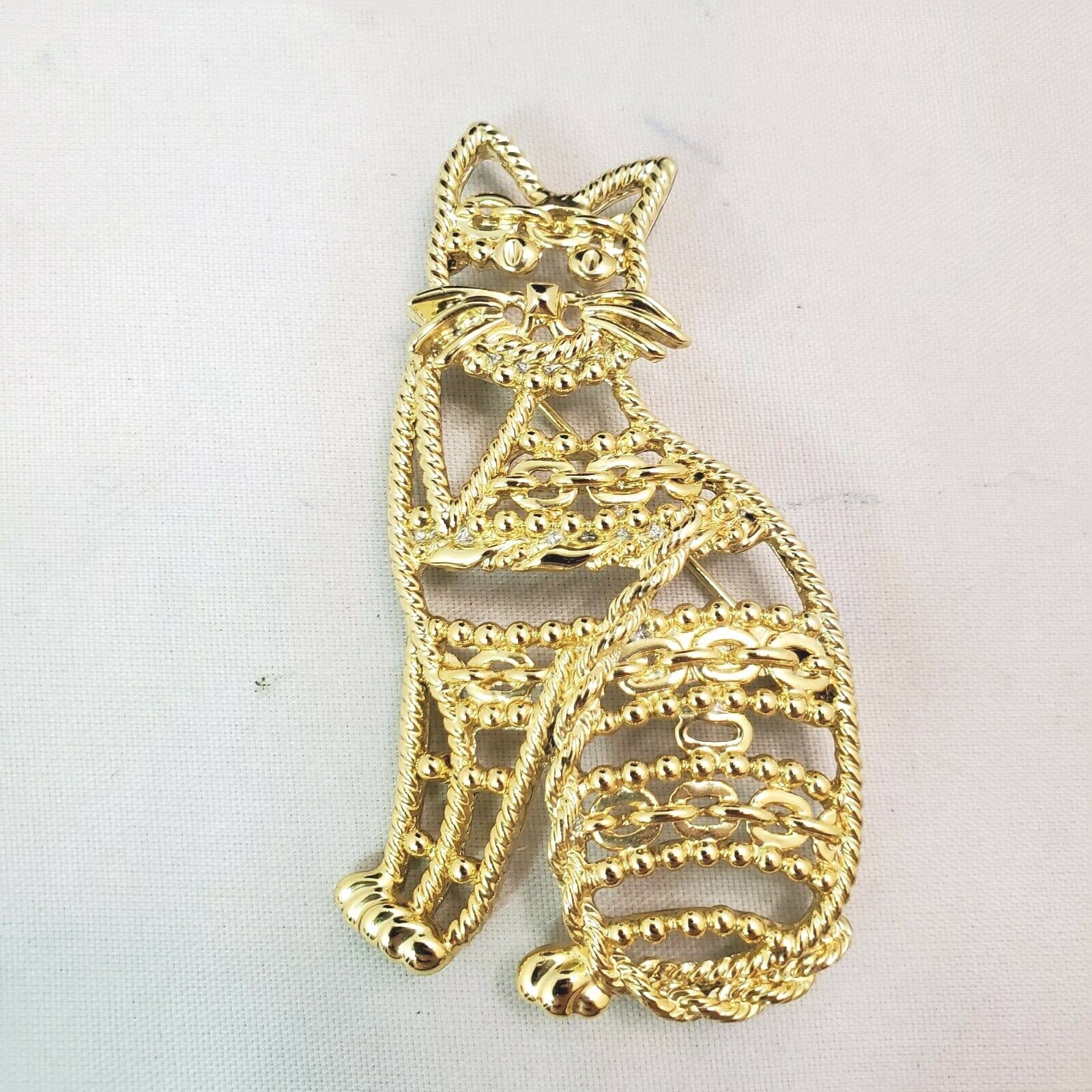 Gold Tone Openwork Weave Rope & Chain Sitting Cat Kitten Pin Brooch