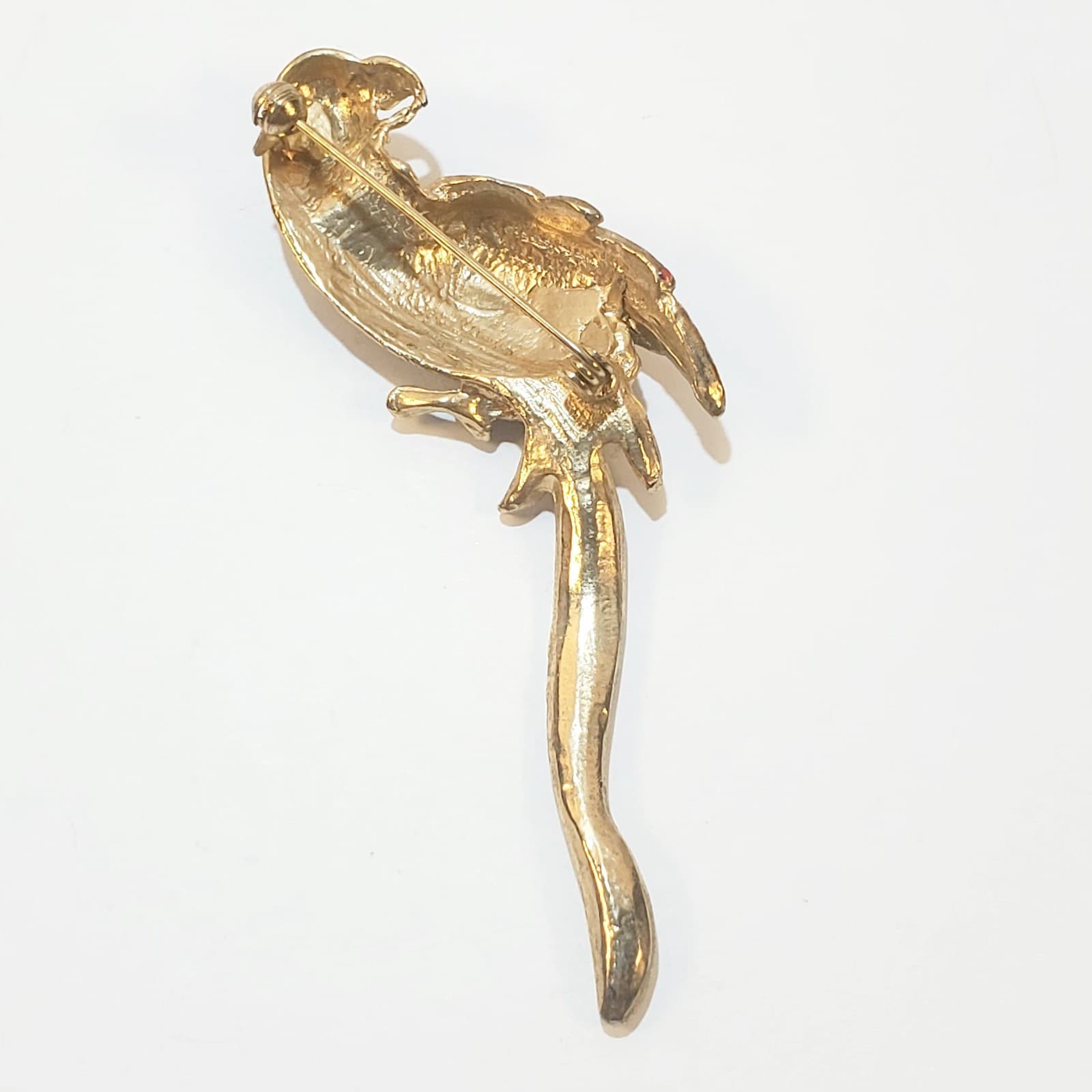 Vintage Large Gold Tone Red Blue Enamel Clear Rhinestones Parrot Bird Brooch Pin - Thumbnail 2