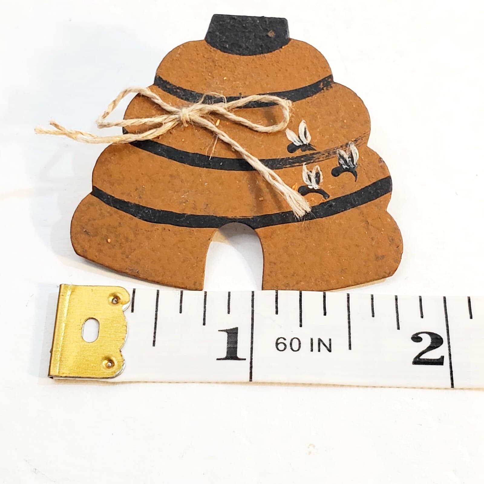 Vintage Hand painted Die Cut Thin Metal Beehive w/ Bees Pin Brooch - Thumbnail 3