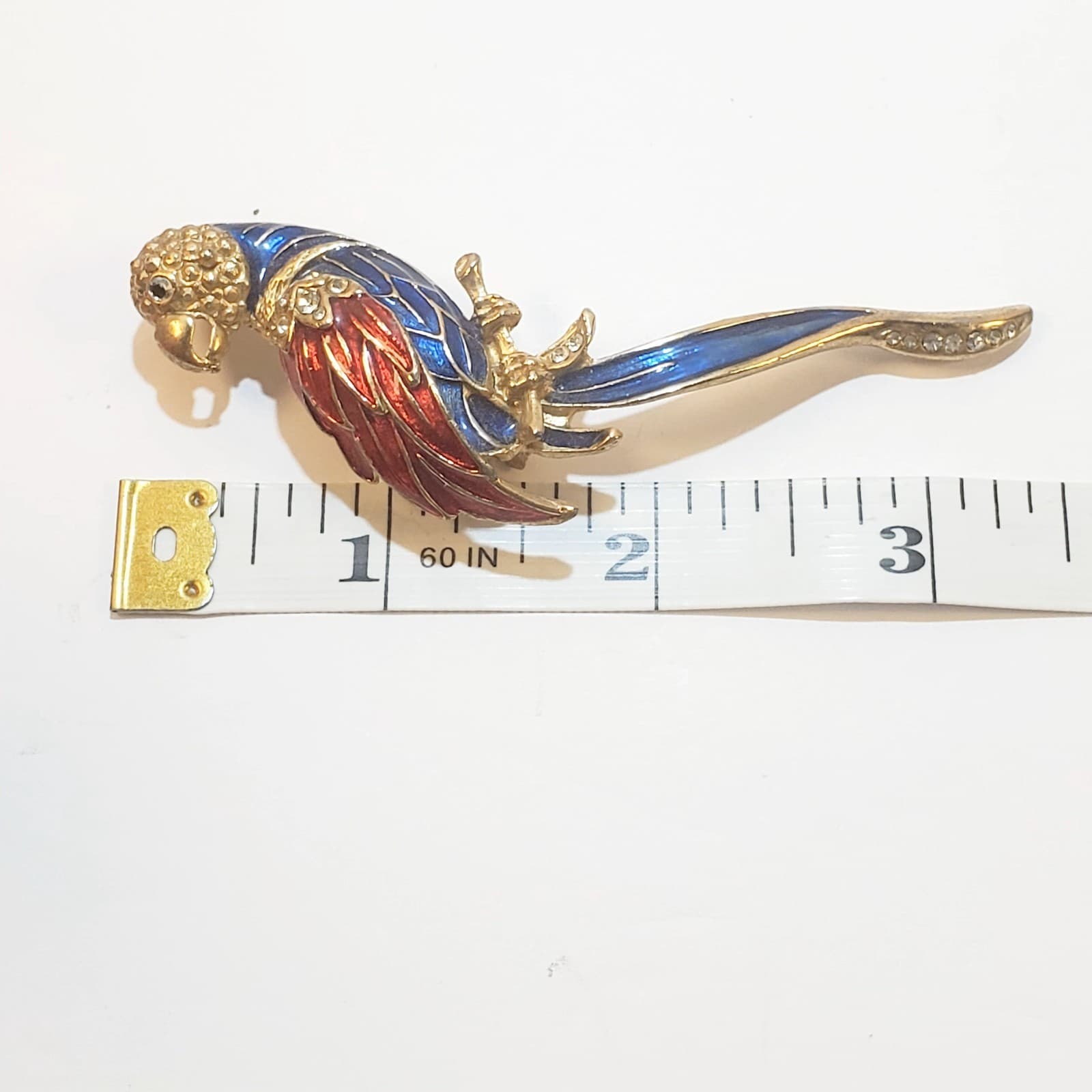 Vintage Large Gold Tone Red Blue Enamel Clear Rhinestones Parrot Bird Brooch Pin - Thumbnail 3