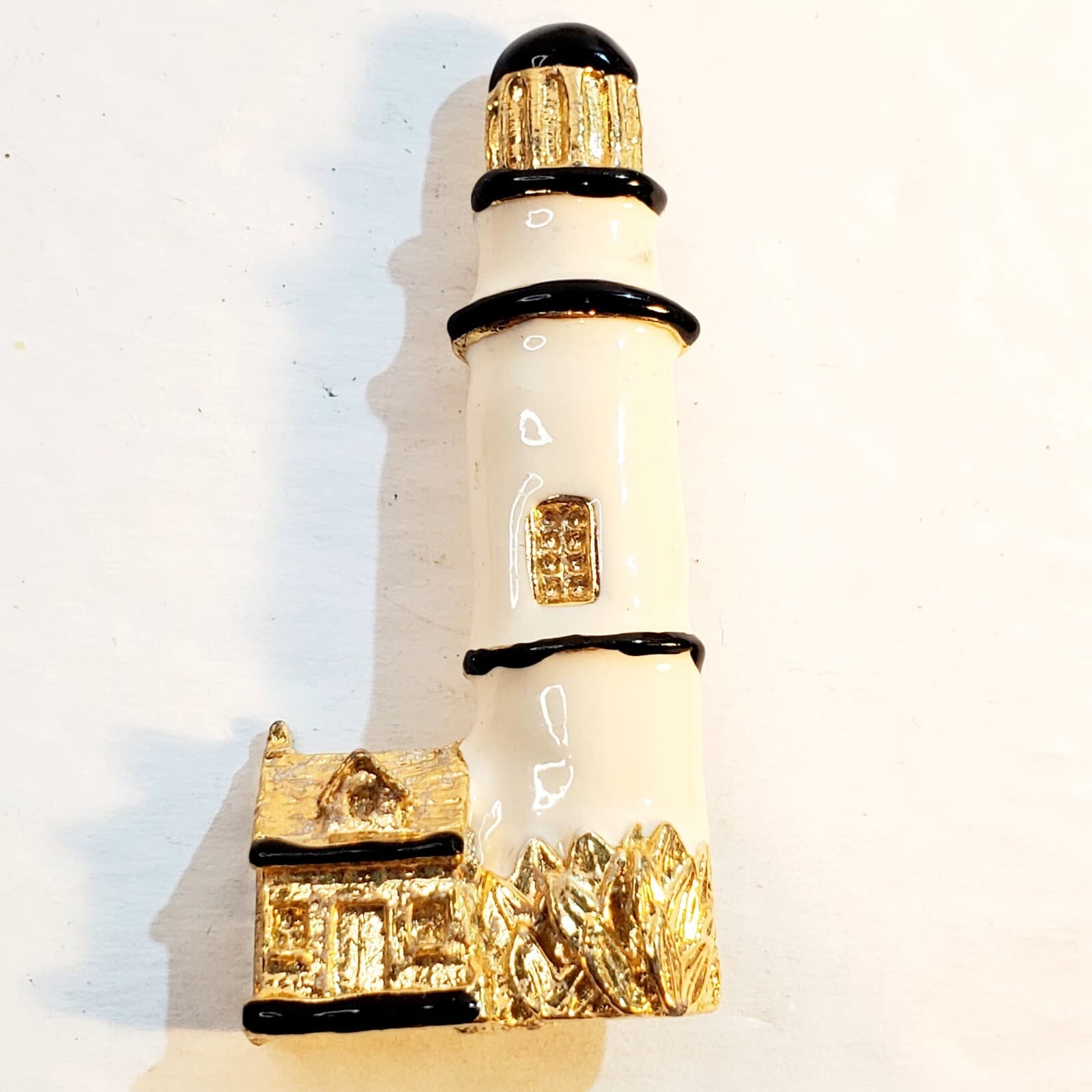Vintage Gold Tone Cream Black Enamel Lighthouse Brooch Pin Costal Nautical