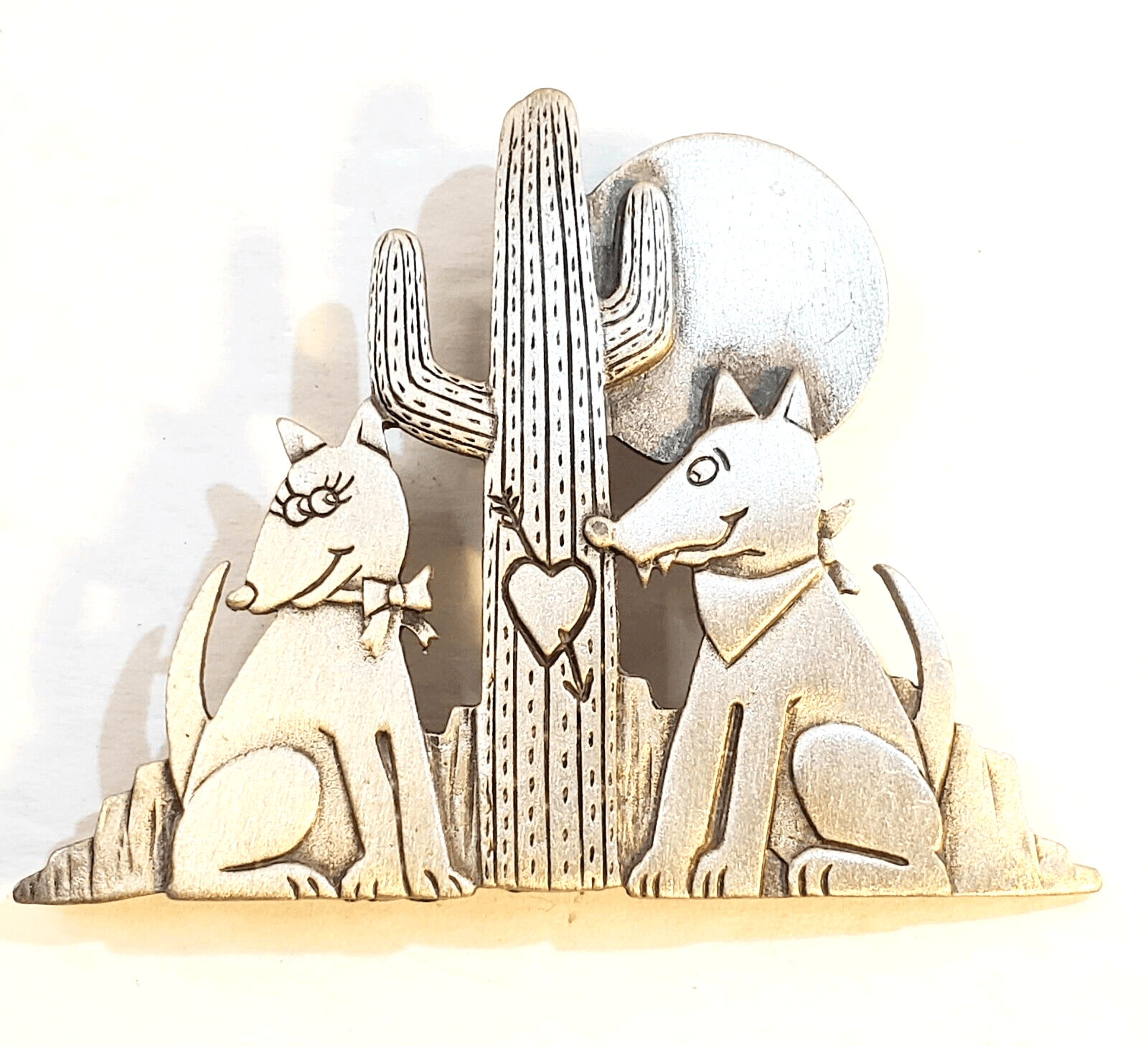 Vintage JJ Jonette Pewter Coyote Wolf Desert Cactus Moon Brooch Pin Puppy Love