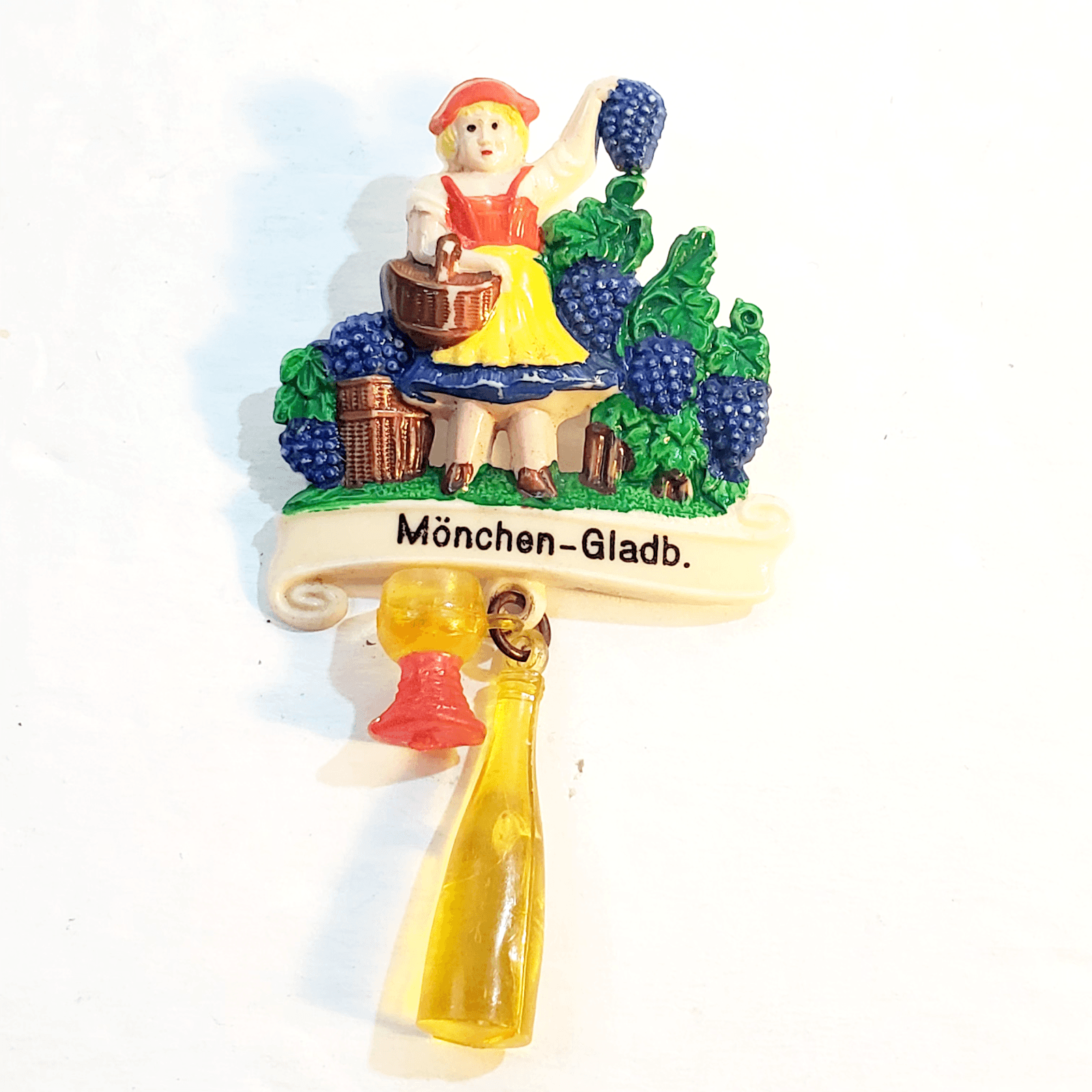 Vintage German Celluloid Girl in Vineyard Munich Gladbach Dangle Brooch Pin