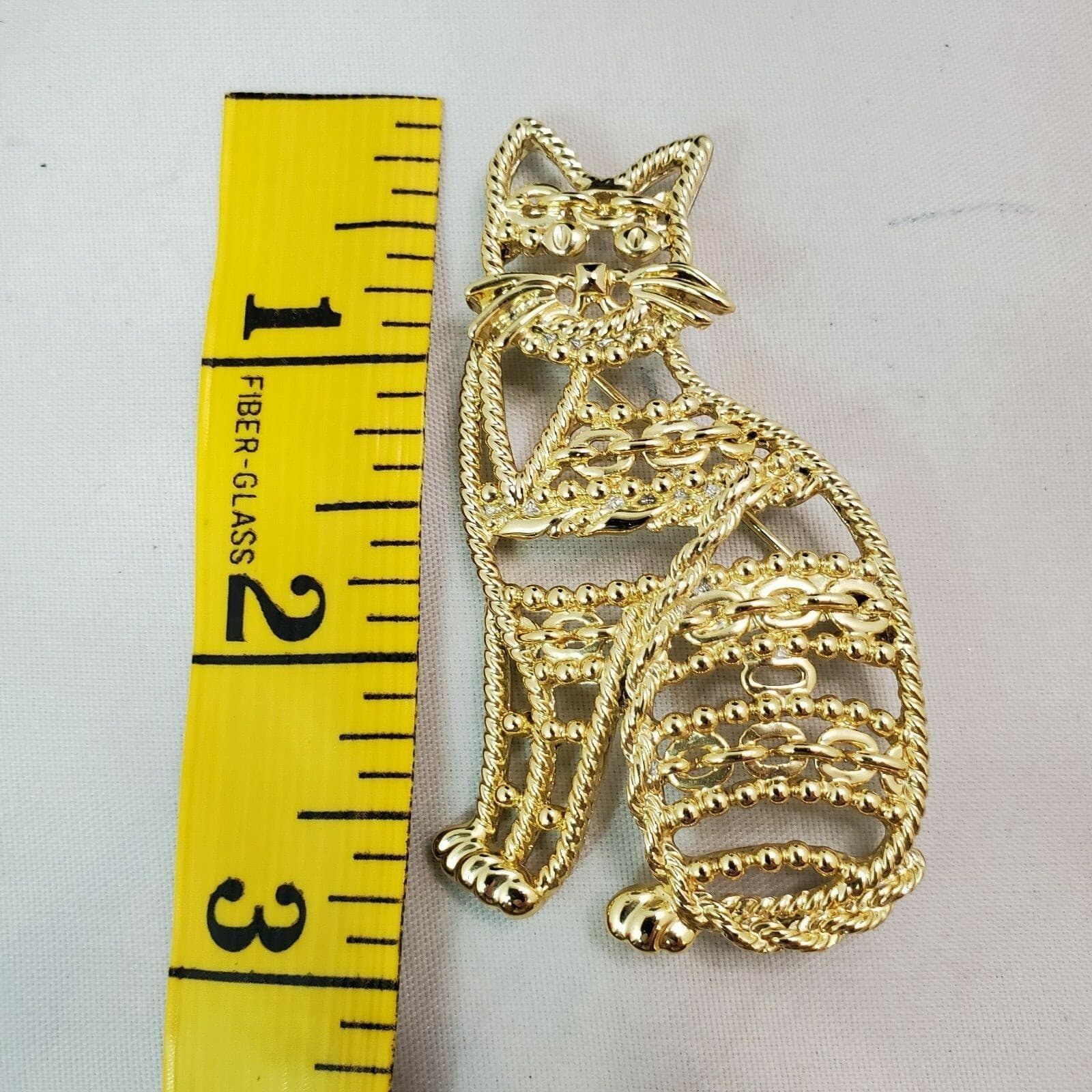 Gold Tone Openwork Weave Rope & Chain Sitting Cat Kitten Pin Brooch - Thumbnail 4