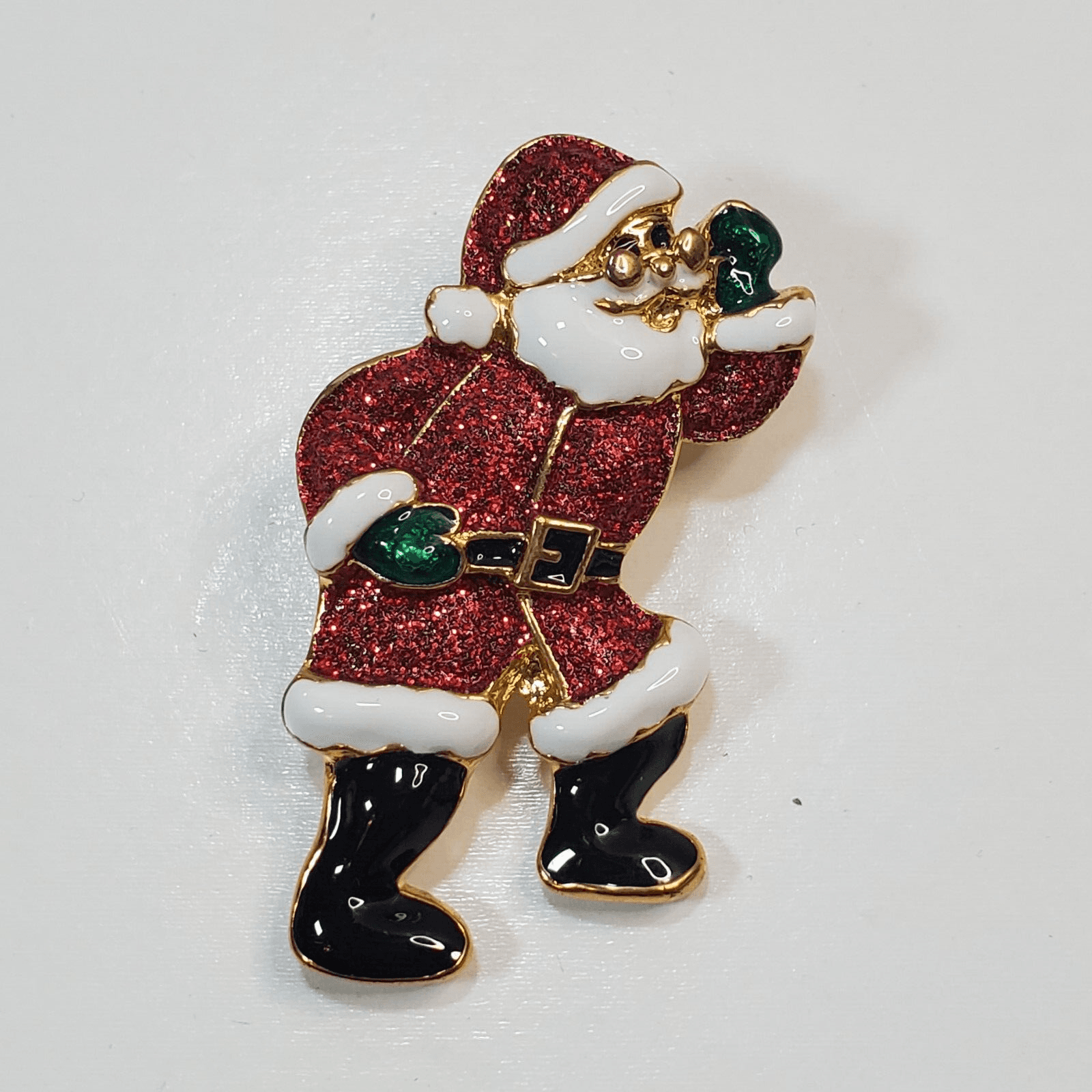 Gold Tone Metal Black White Green Red Sparkle Enamel Santa Christmas Brooch Pin