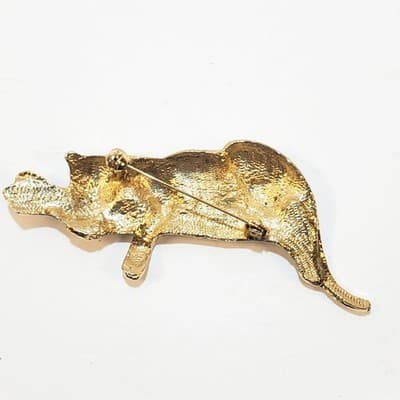 Vintage Gold Tone Textured Metal Leopard Laying on A Tree Branch Brooch Pin - Thumbnail 2