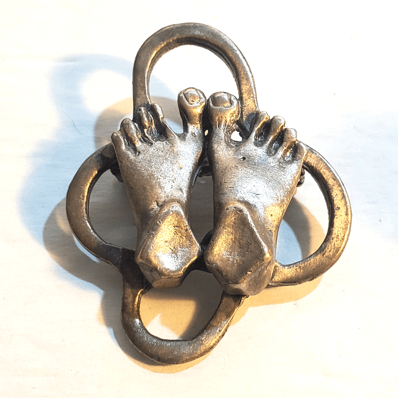 Vtg Pewter Tone Cast Metal Artisan Feet Sculpture Brooch Pin Quirky Surrealist