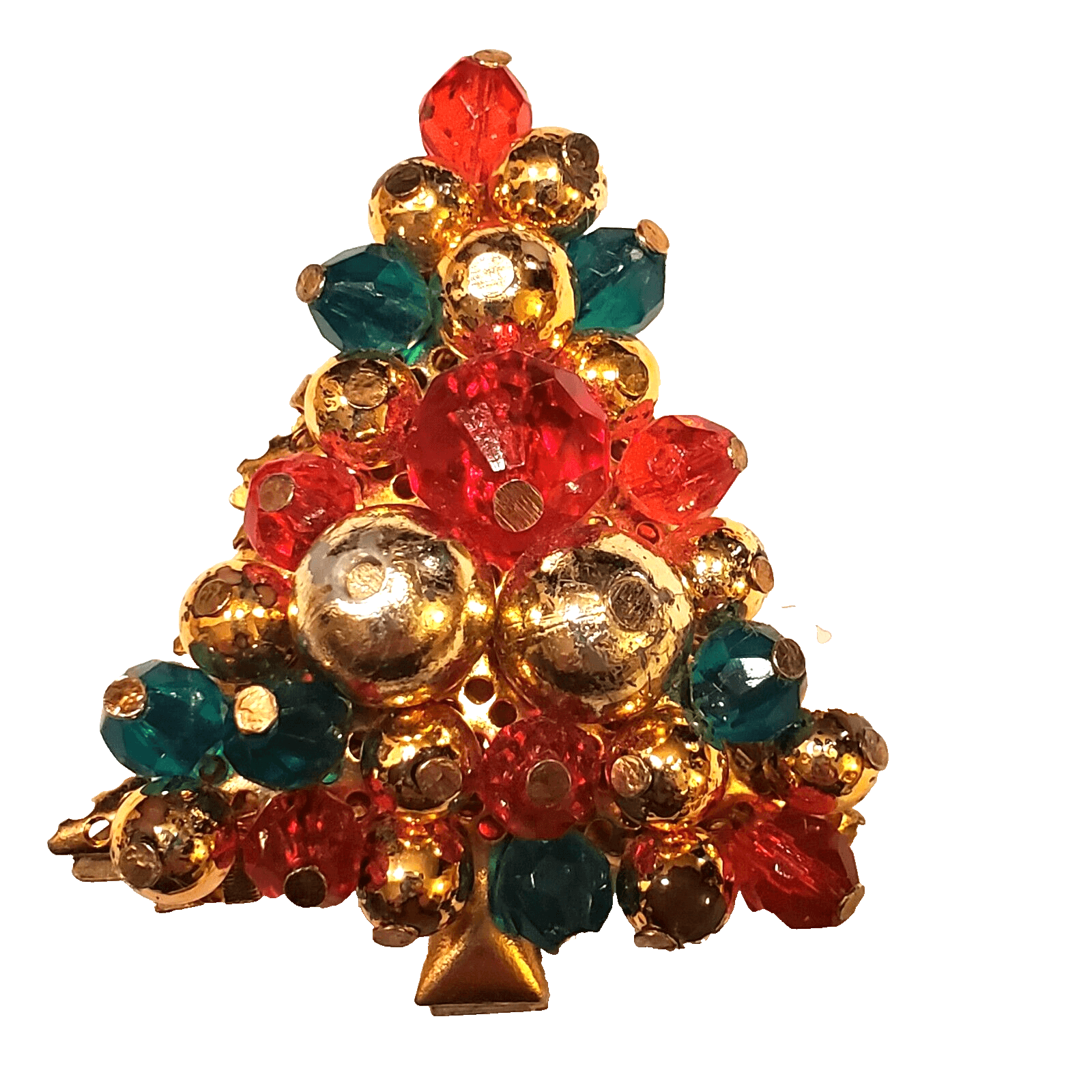 Vintage MCM Gold Tone Metal Red Gold Green Beaded Christmas Tree Brooch Pin
