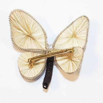 Vintage Wire Wrapped Butterfly Brooch Pin Gold & Multi-Color Thread Hand Crafted - Thumbnail 2