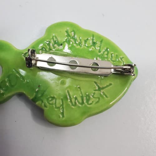 2001 Glazed Ceramic Signed Artist Key West Green Fish Brooch Pin Jewelry - Thumbnail 4