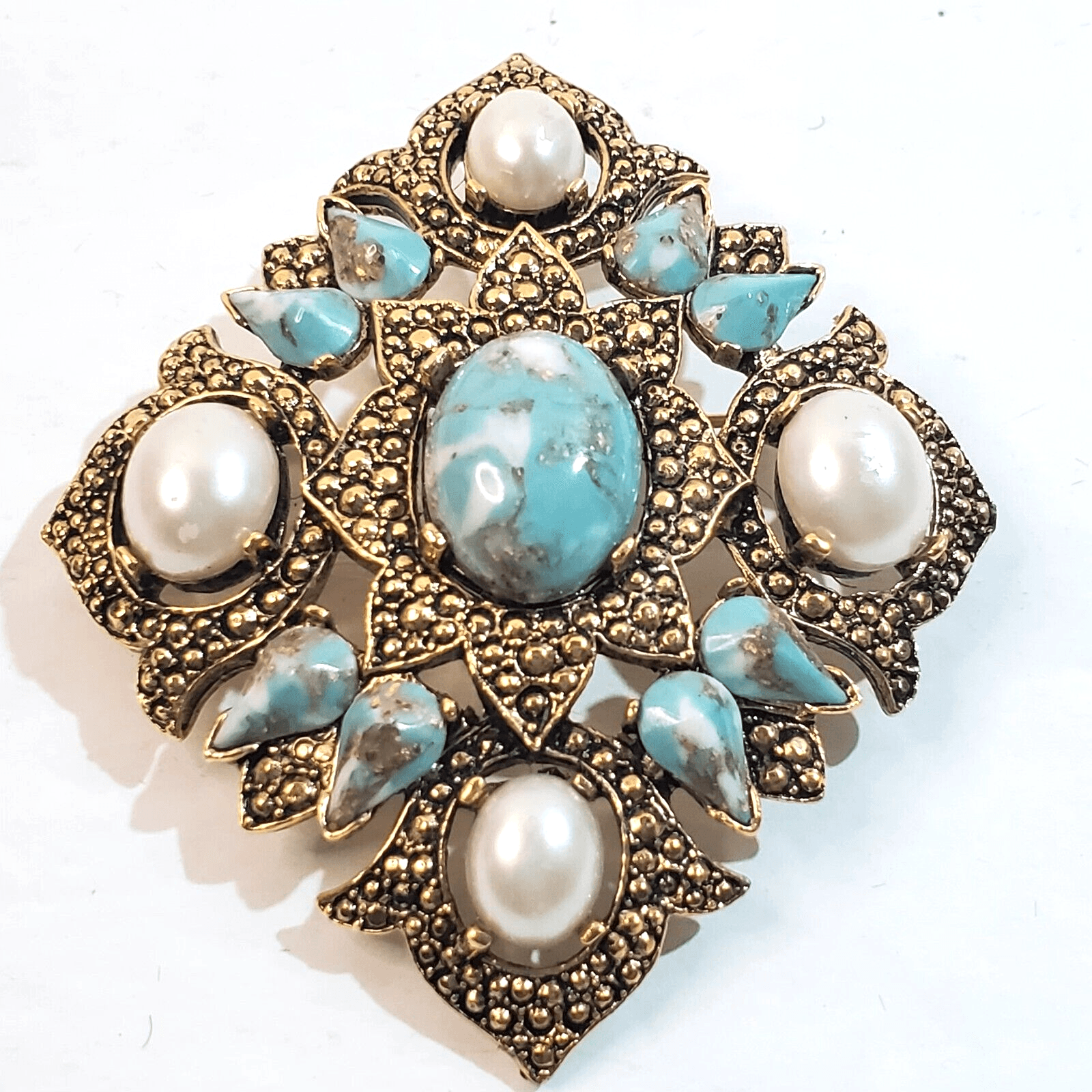 Vtg Sarah Coventry Gold Tone Faux Turquoise Pearl Cabochons Brooch Pin Pendant