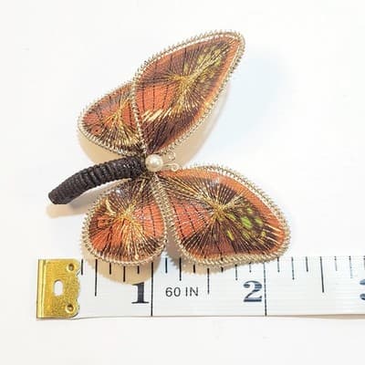 Vintage Wire Wrapped Butterfly Brooch Pin Gold & Multi-Color Thread Hand Crafted - Thumbnail 4