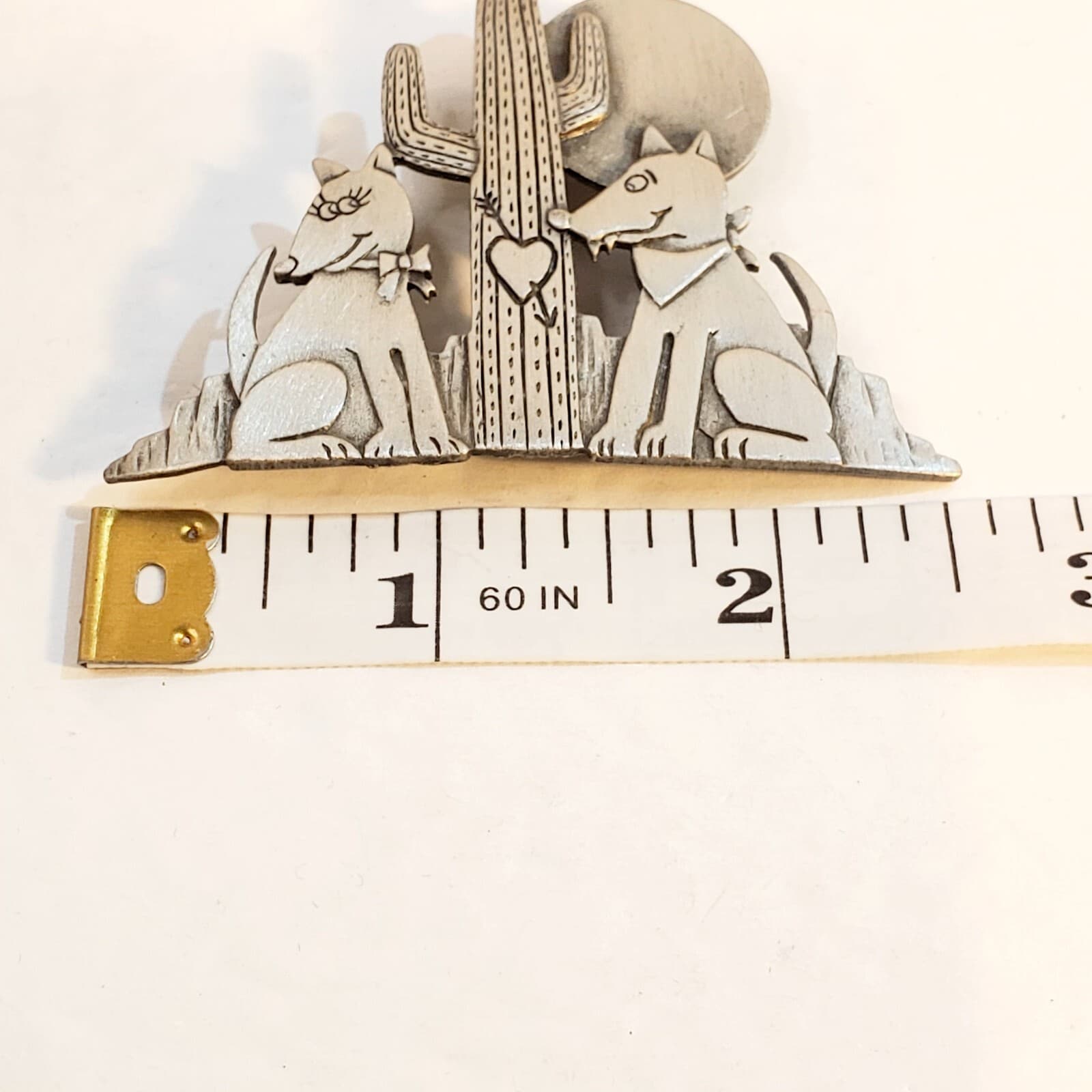 Vintage JJ Jonette Pewter Coyote Wolf Desert Cactus Moon Brooch Pin Puppy Love - Thumbnail 5