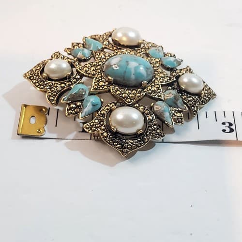 Vtg Sarah Coventry Gold Tone Faux Turquoise Pearl Cabochons Brooch Pin Pendant - Thumbnail 4
