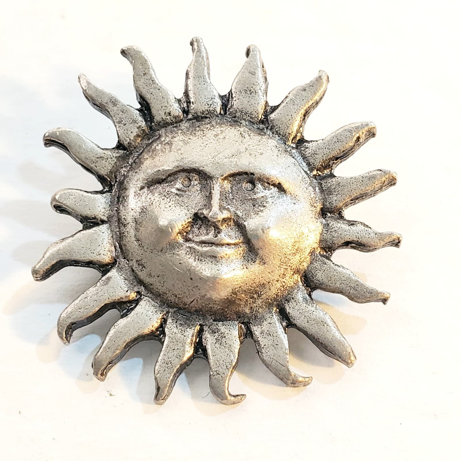 Vintage 1993 Signed Metzke Pewter Small Anthropomorphic Sun Face Brooch Pin