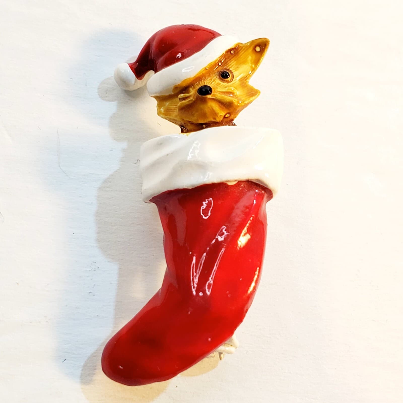 Vintage Gerry's Enamel and Metal Cat Kitten in a Christmas Stocking Brooch Pin
