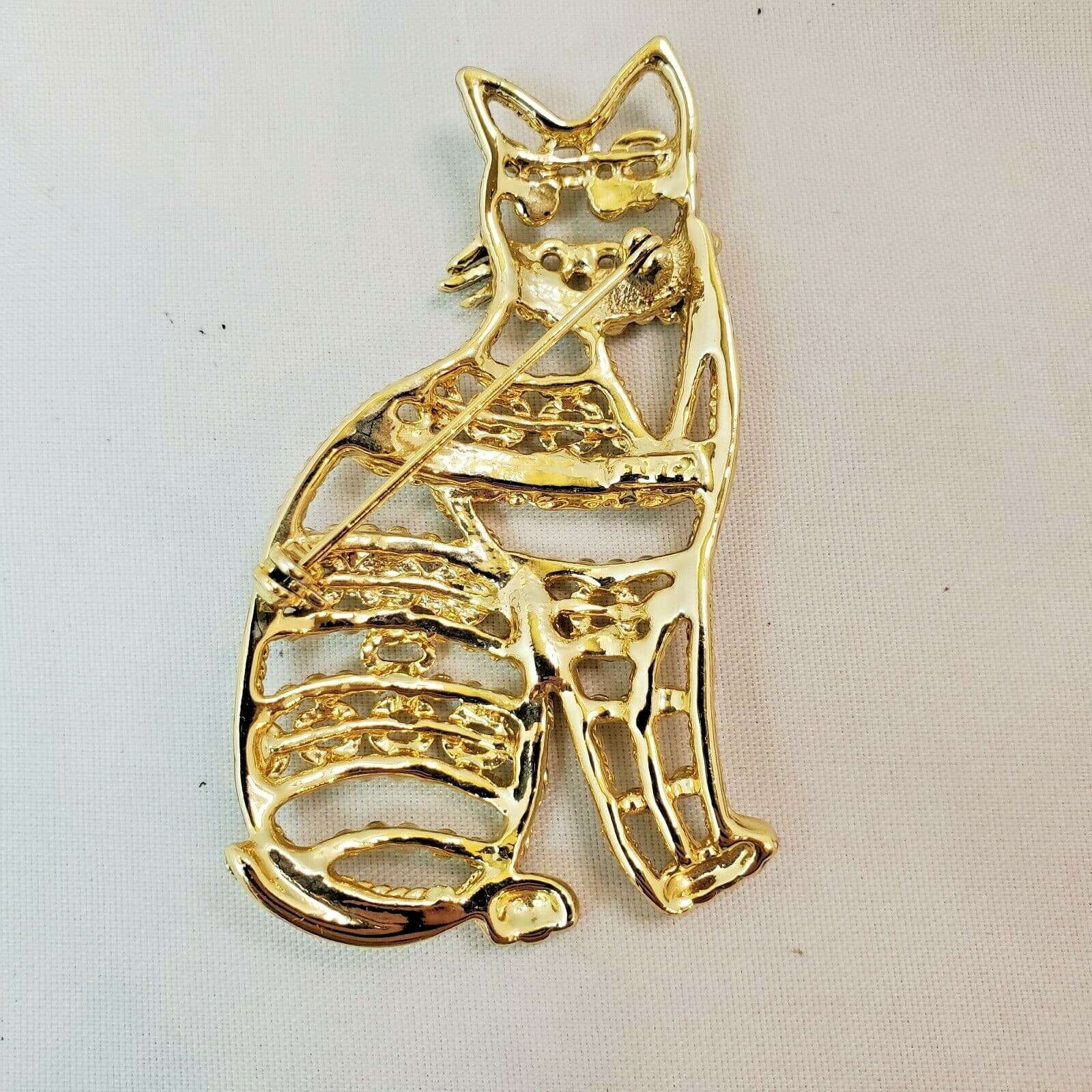 Gold Tone Openwork Weave Rope & Chain Sitting Cat Kitten Pin Brooch - Thumbnail 2